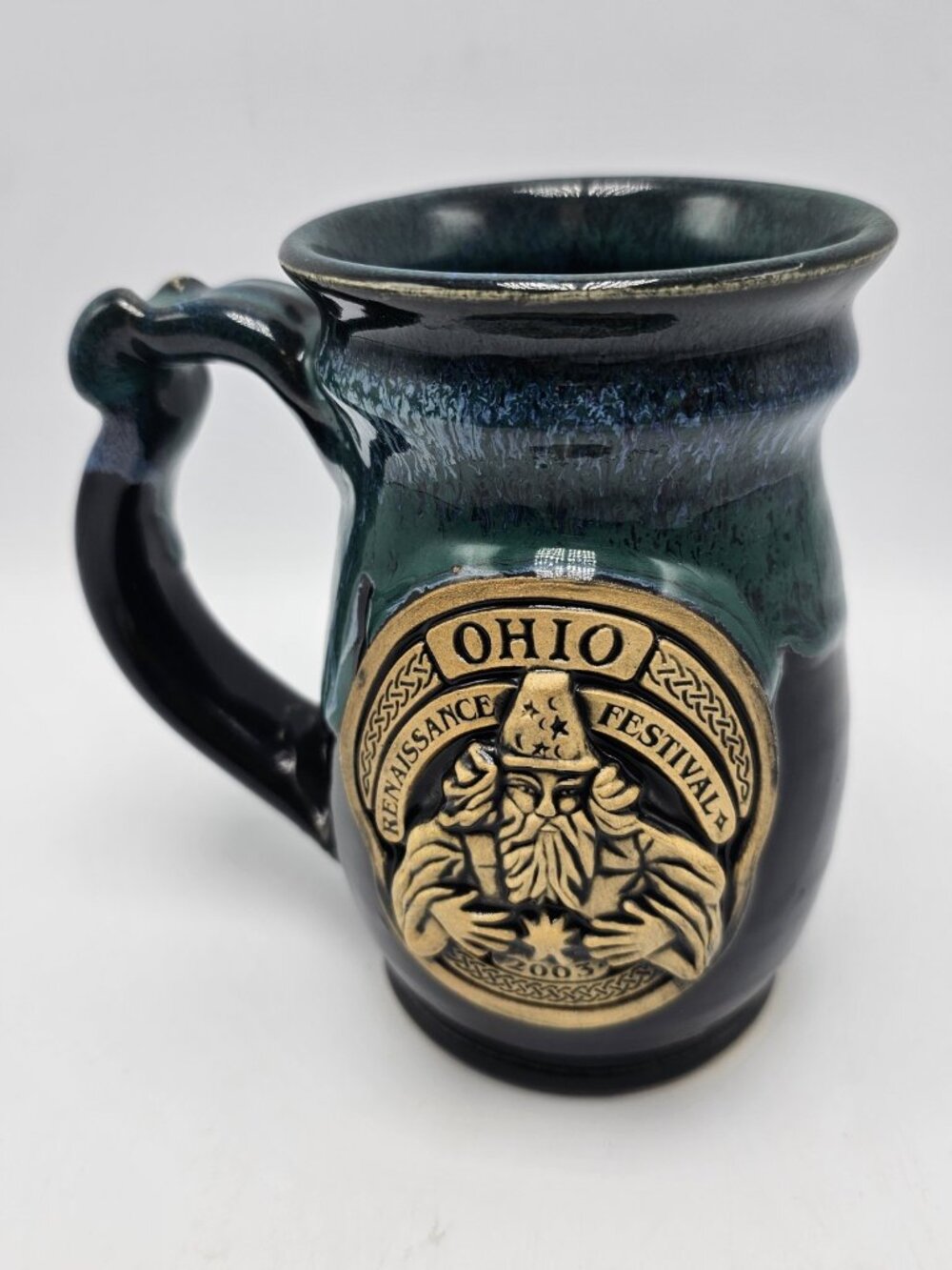 Ohio renaissance festival mug 2003 Wizard Sorcerer Green Pottery